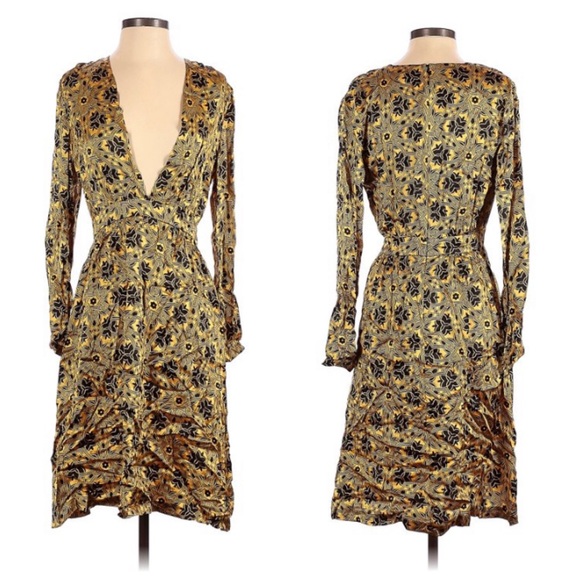 Nieves Lavi Dresses & Skirts - Nieves Lavi Yellow Silk Nouveau Pattern Long Sleeve Dress